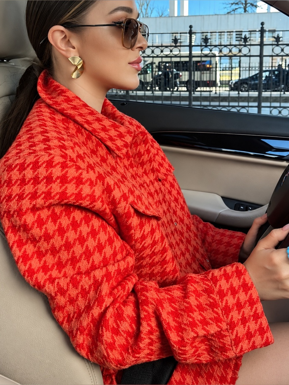 Zara Orange Tweed Cropped Houndstooth Jacket